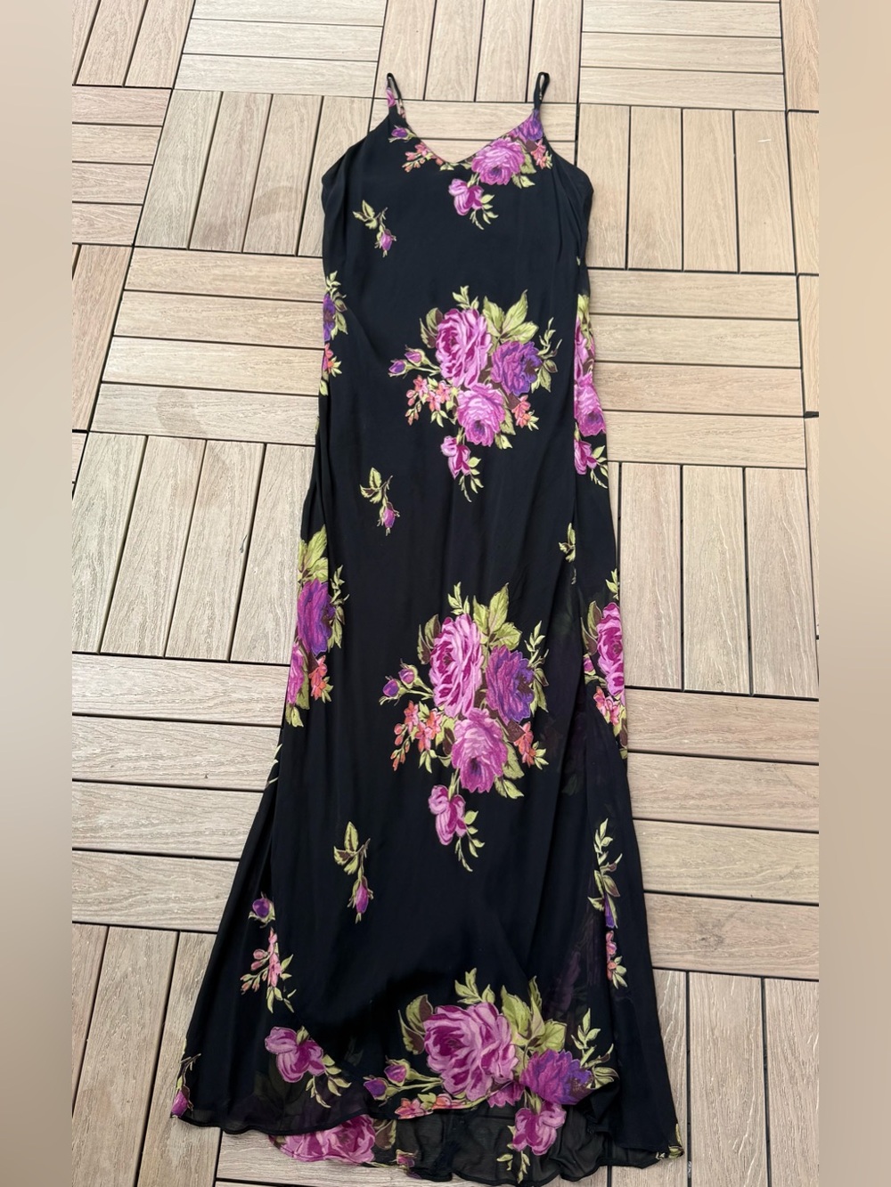 Y2K Temptation black purple roses print maxi sleeveless bias cut rayon  dress - Picture 6 of 10